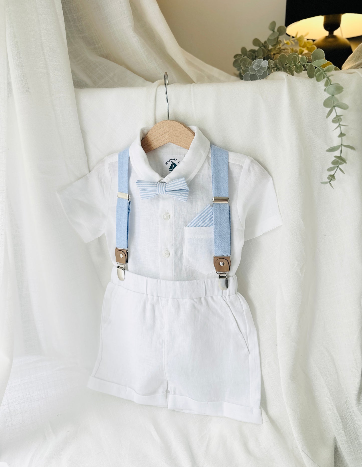 White linen summer Baptism outfit with suspender shorts, shirt, bowtie plus optional extras