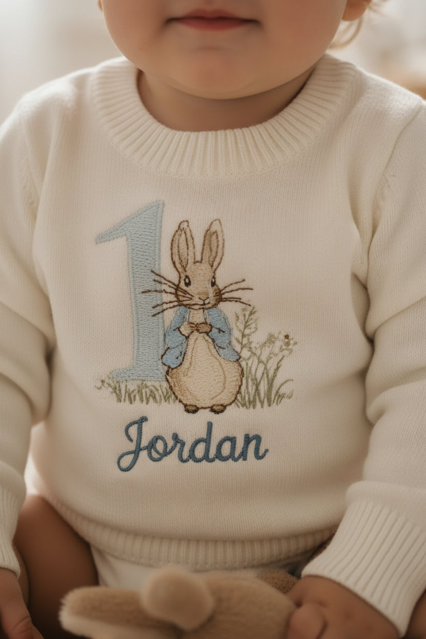 Warm white cotton sweater with optional first birthday embroidery