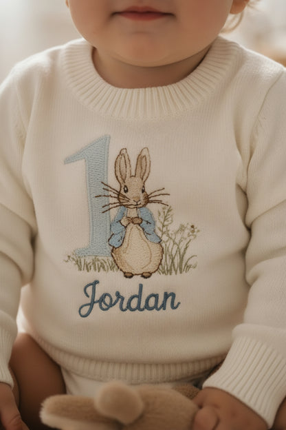 Warm white cotton sweater with optional first birthday embroidery