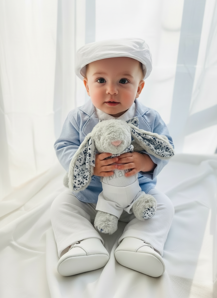 Boys pale blue and white Baptism outfit with blue vest, white linen suspender pants and shirt