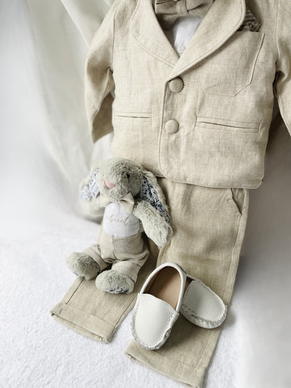 Beige Linen full length suit with pants, shirt, jacket and accessories