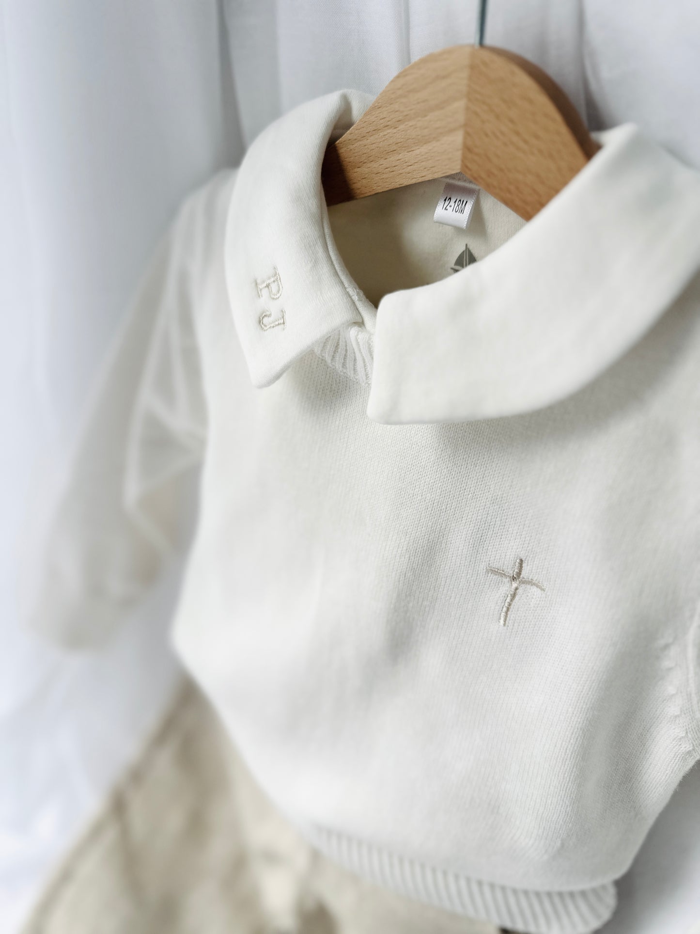Baptism outfit with cotton onesie and jumper and linen bloomers
