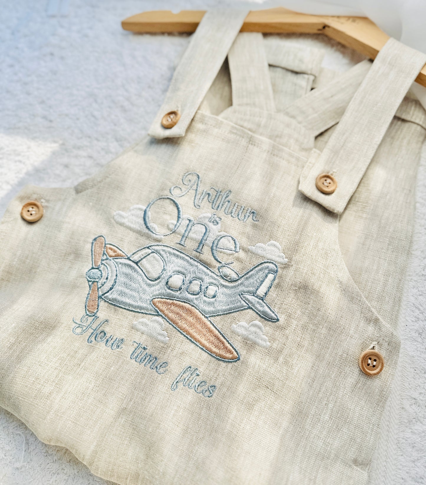 Boys Beige Linen Birthday overalls romper dungarees safari balloon fast car wild sea themes