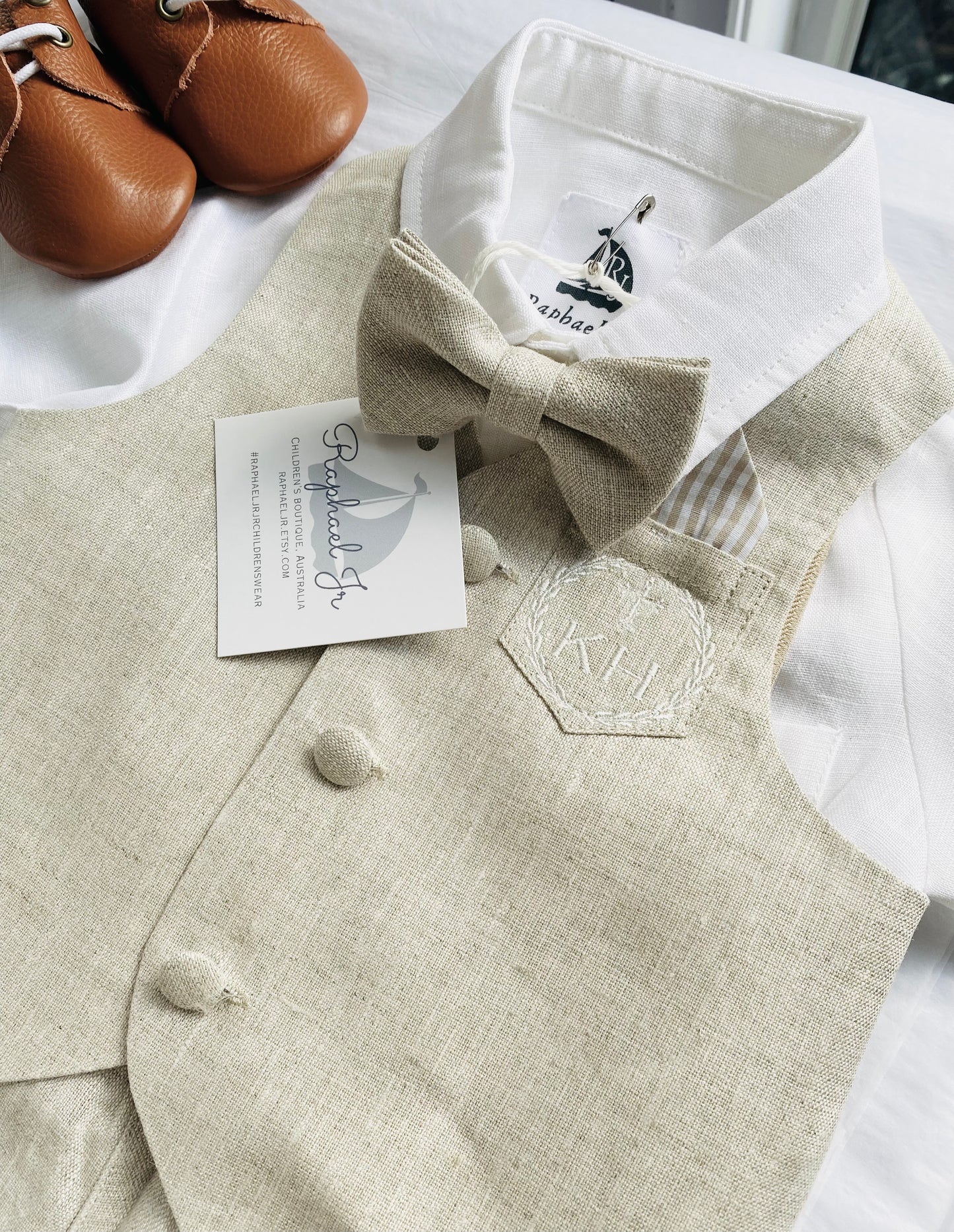 Baby and Toddler Boys white and beige linen summer set with vest, shirt, shorts, suspenders and bowtie