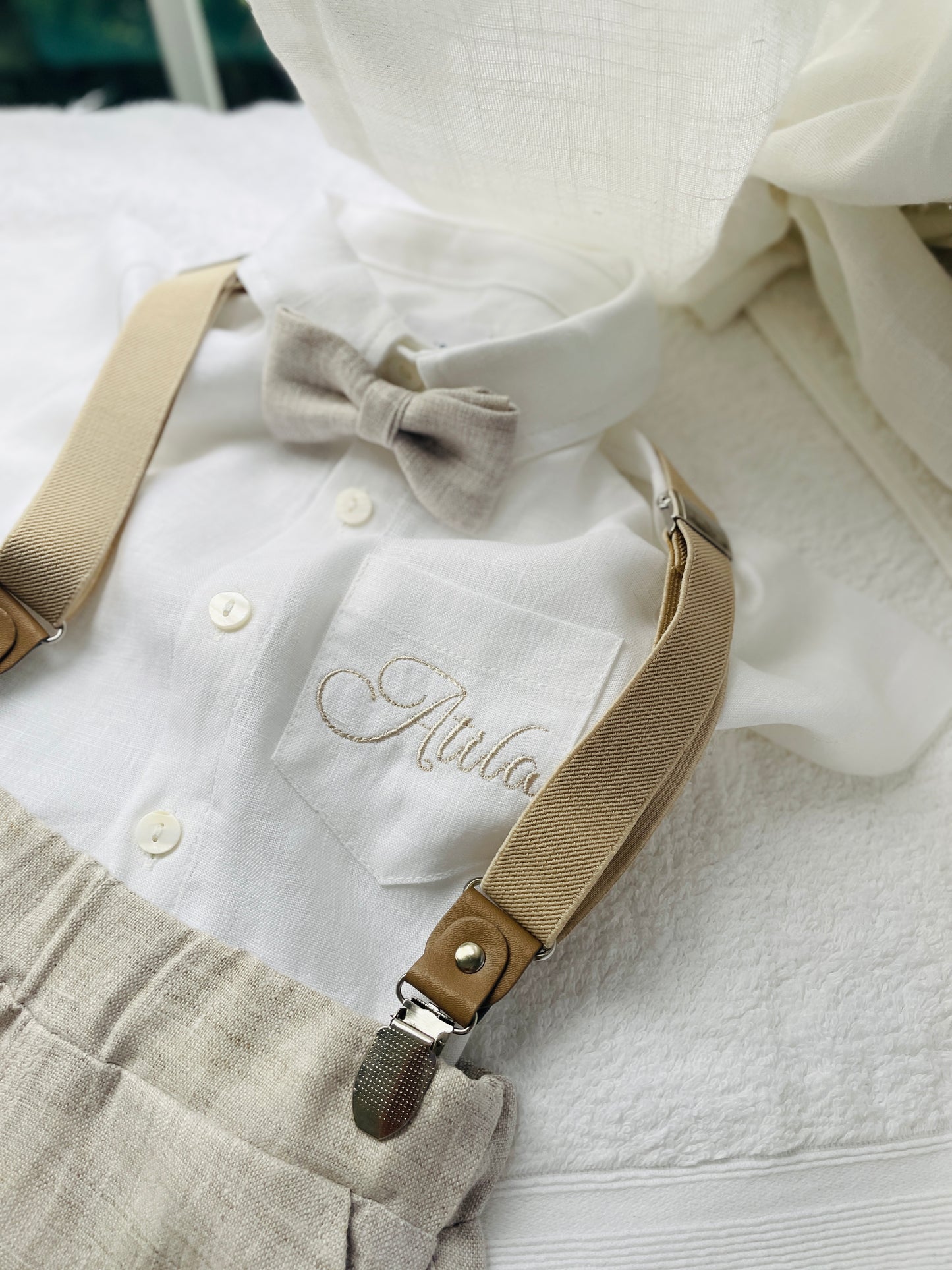 Beige linen pants and shirt set with bowtie and suspenders and optional personalisation