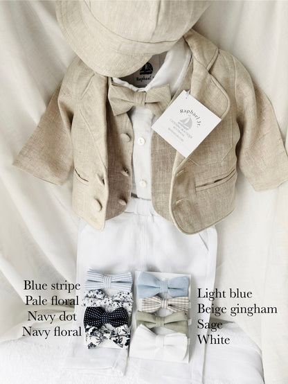 Beige Linen Shorts Shirt Suspenders and Vest set with Optional Cap Jacket and Embroidery