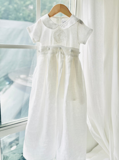 White Linen Baptism dress with detachable long skirt gown