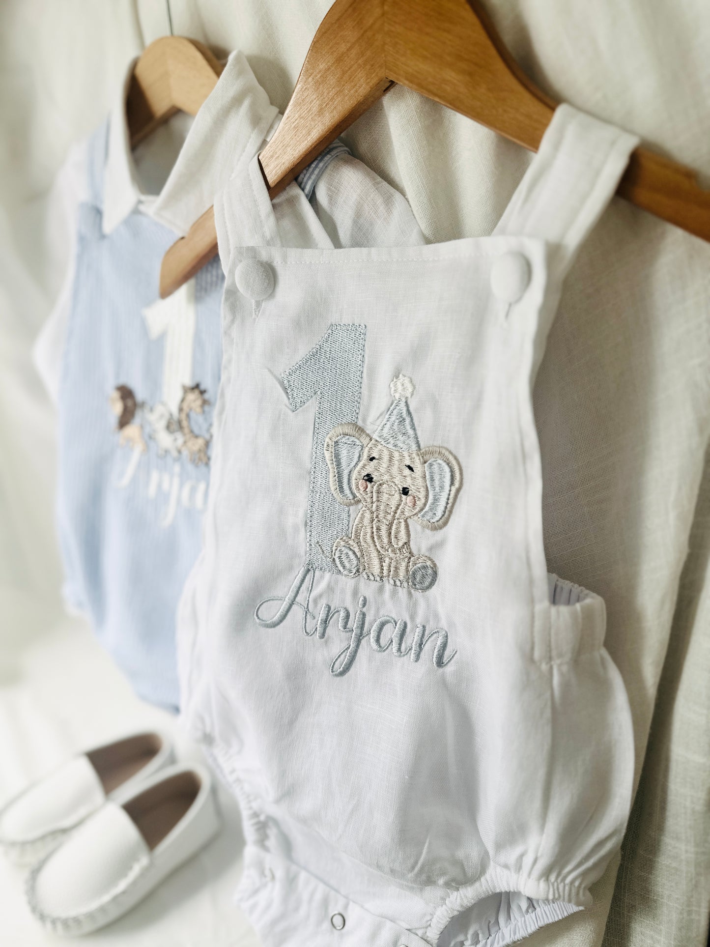 Boys Beige Linen First Birthday romper overalls wild one safari