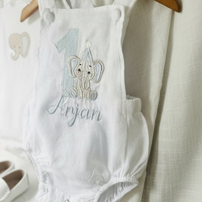 Boys Blue Seersucker teddy bear First Birthday romper