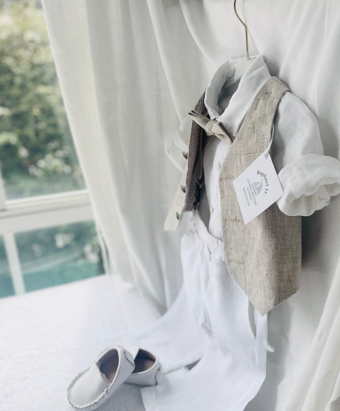 White and Beige Linen set with vest, shirt, pants, suspenders and bowtie plus optional jacket, cap and shoes