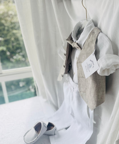 White and Beige Linen set with vest, shirt, pants, suspenders and bowtie plus optional jacket, cap and shoes