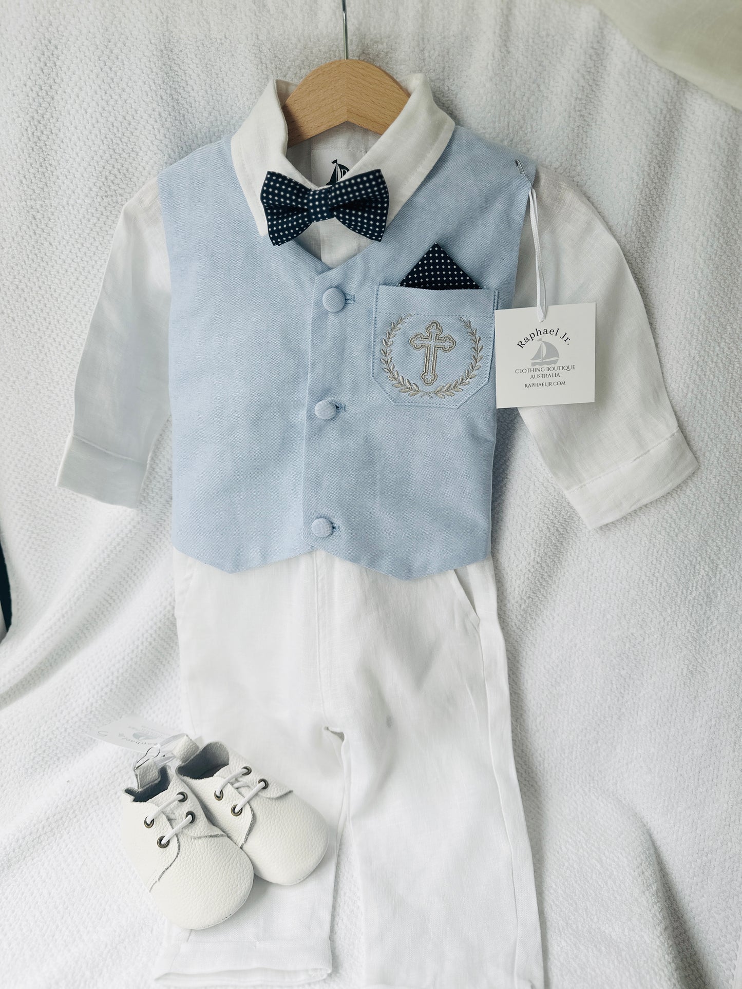 Boys pale blue and white Baptism outfit with blue vest, white linen suspender pants and shirt