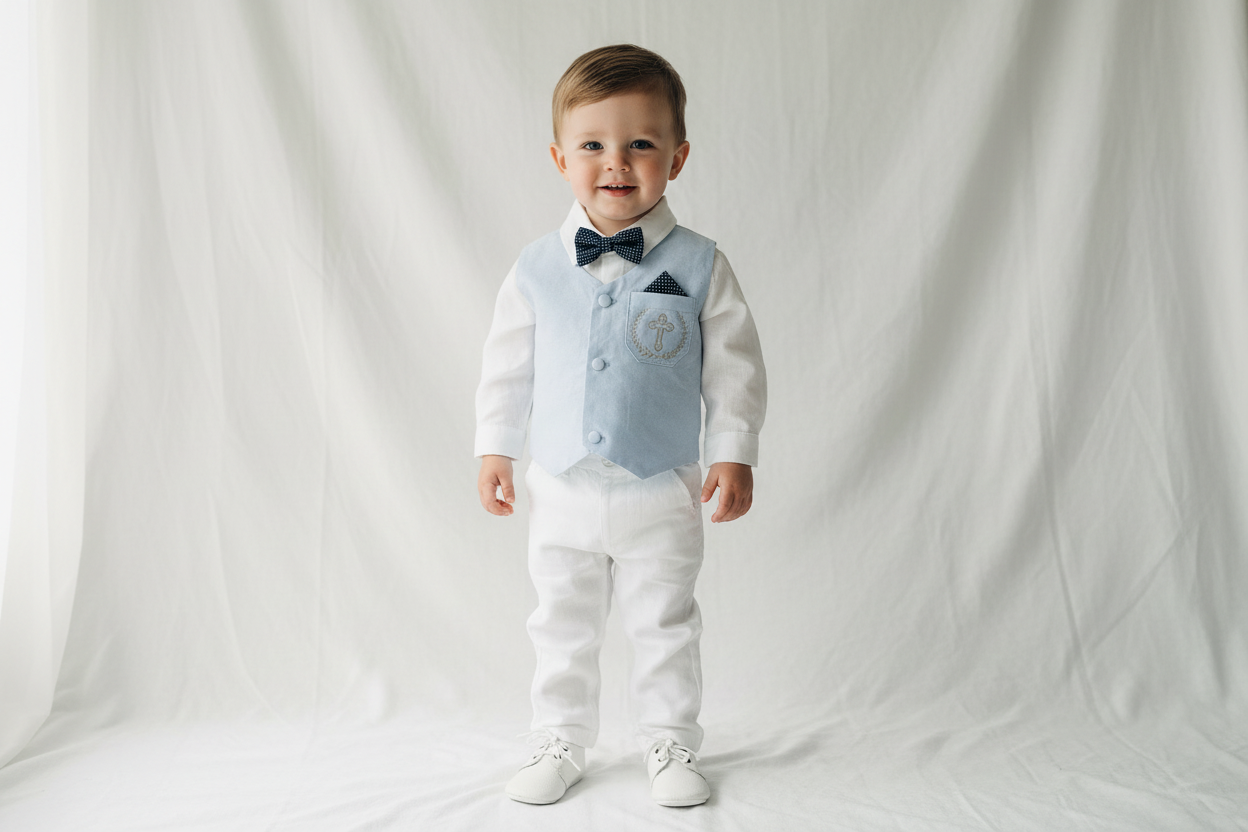 Boys pale blue and white Baptism outfit with blue vest, white linen suspender pants and shirt