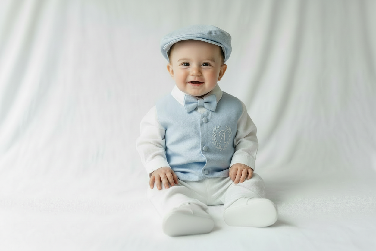 Boys pale blue and white Baptism outfit with blue vest, white linen suspender pants and shirt