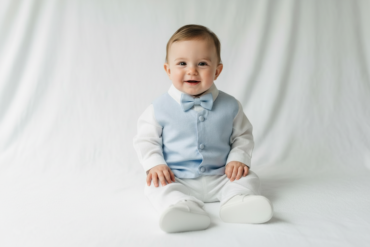 Boys pale blue and white Baptism outfit with blue vest, white linen suspender pants and shirt