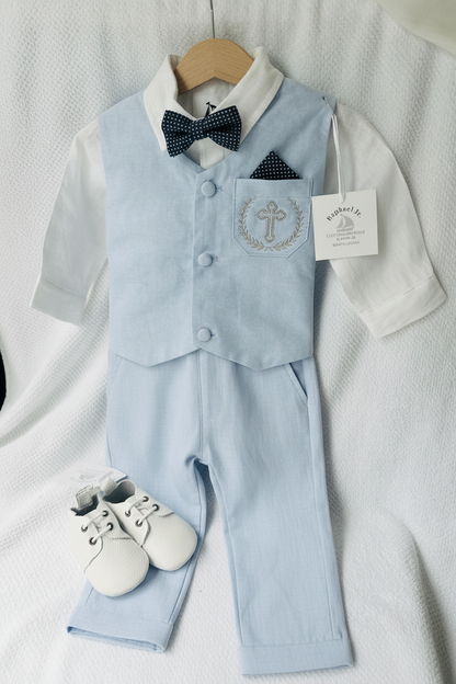 Baby and toddler boys pale blue chambray suit with blue vest, pants and jacket