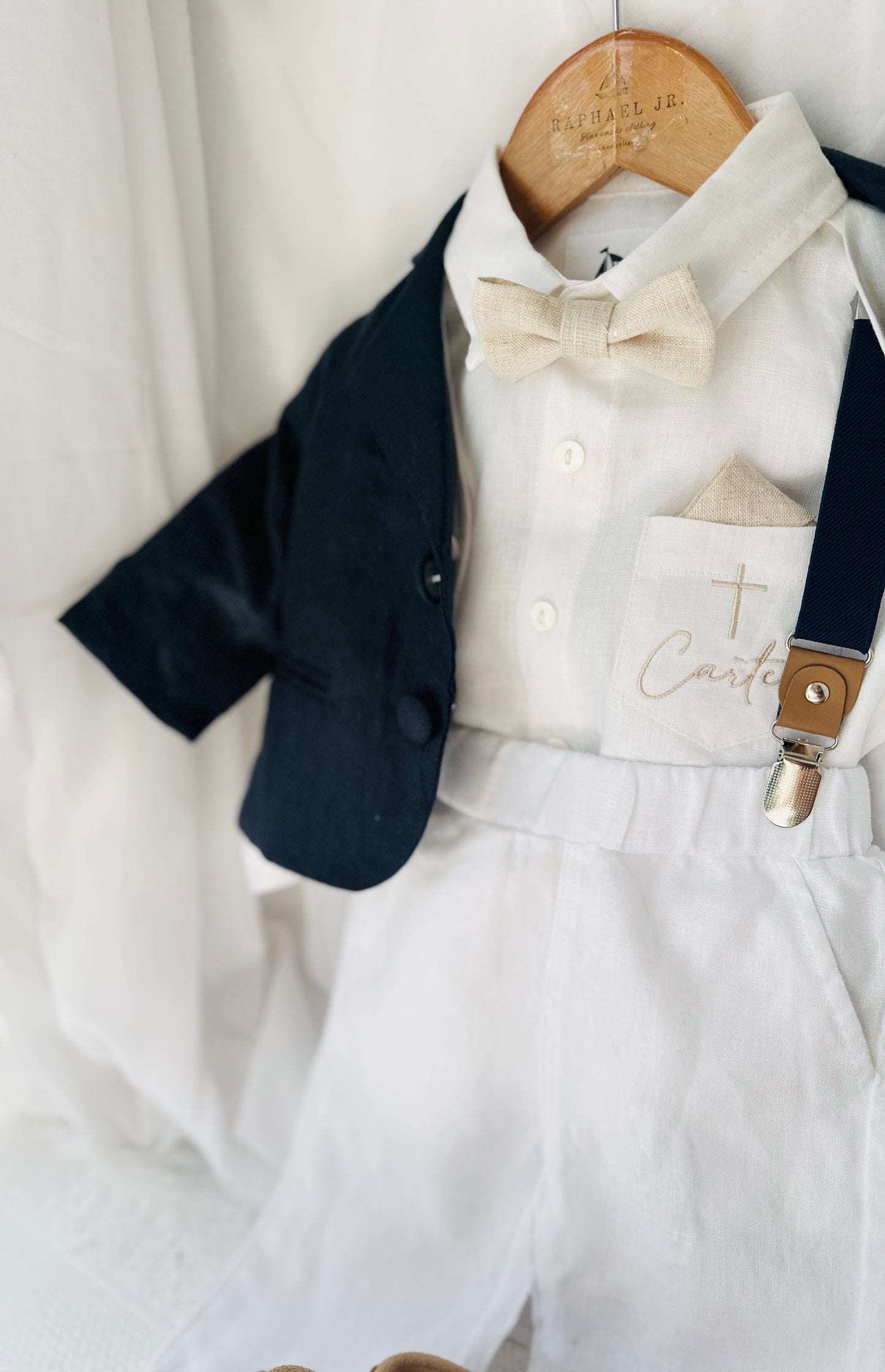 Boys white vest with white linen suit and navy jacket set