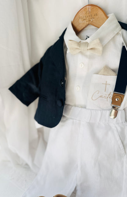 Boys white vest with white linen suit and navy jacket set