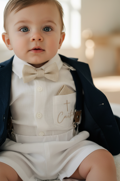 Boys white vest with white linen suit and navy jacket set