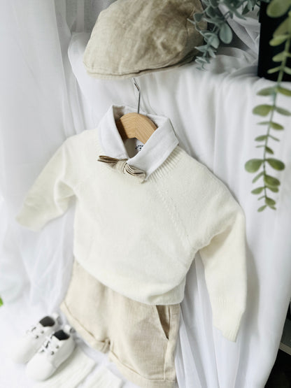 Beige Linen outfit with shorts, socks, shirt, and bow tie plus sweater