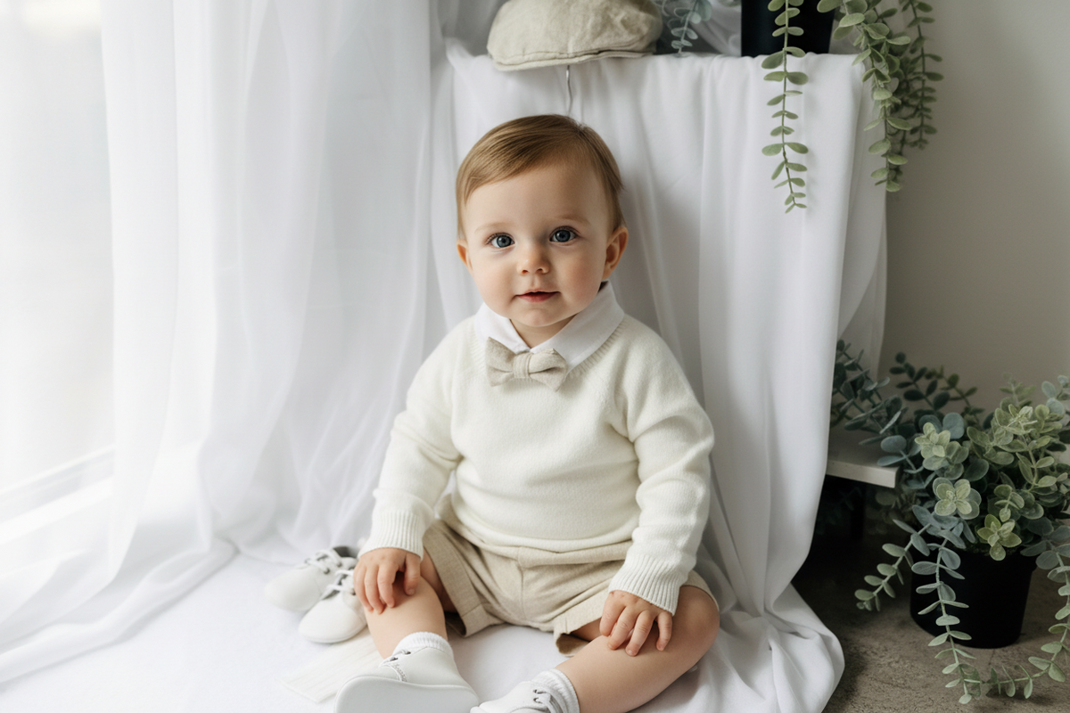Beige Linen outfit with shorts, socks, shirt, and bow tie plus sweater