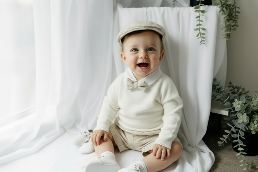 Beige Linen outfit with shorts, socks, shirt, and bow tie plus sweater