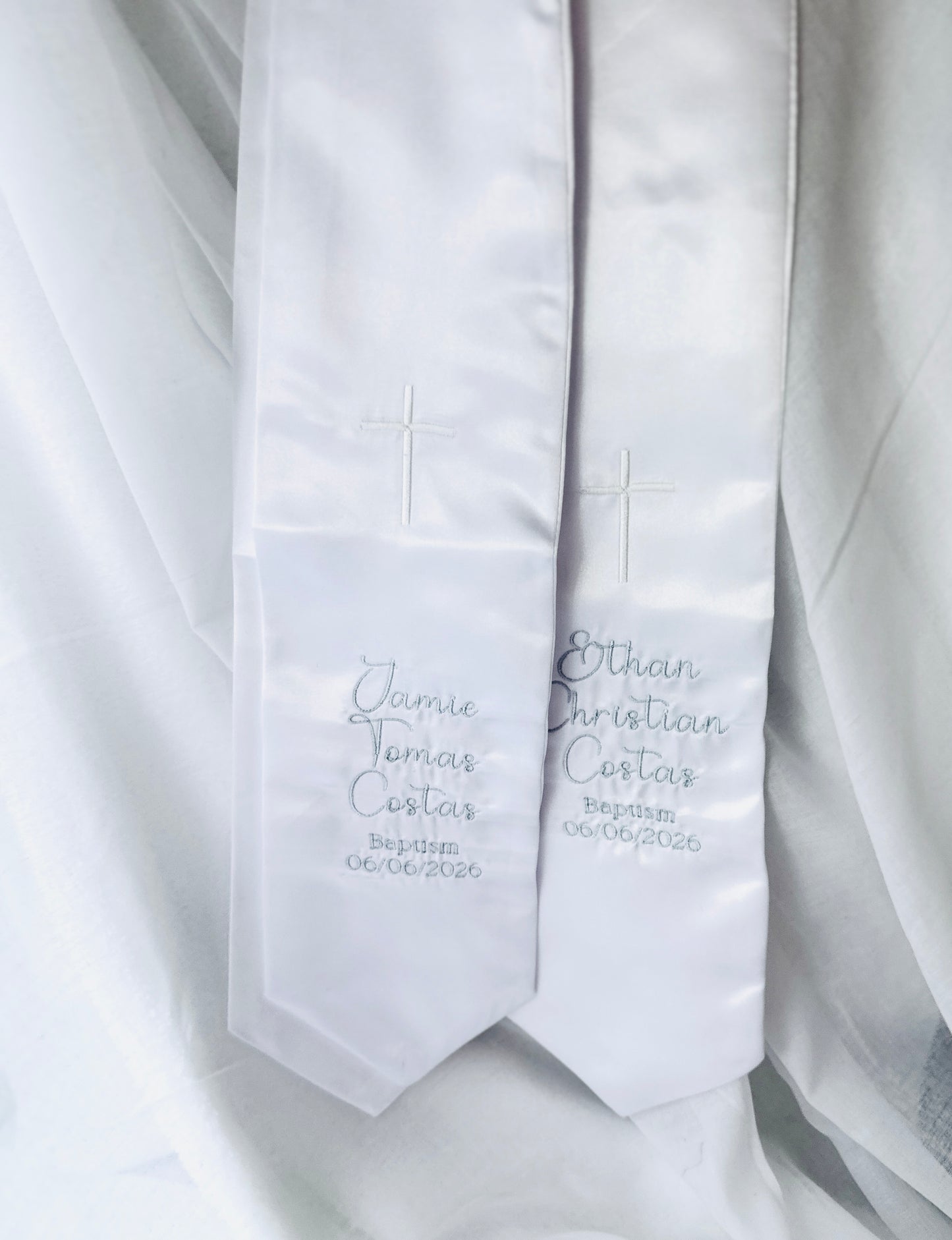 White satin children's sash stole for Baptisms 60in long