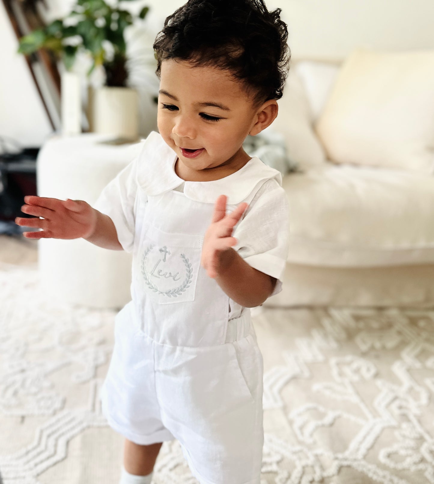 Boys white pure linen overalls suspender shorts with optional linen blouse and embroidery
