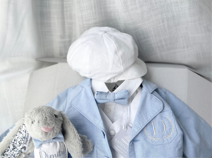 Baby and Toddler Boys white linen outfit with vest, shirt, pants, suspenders and bowtie plus optional blue blazer