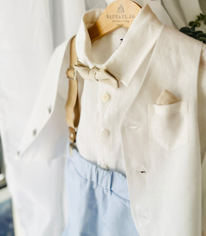 Pale Blue Suit with white linen vest and optional Jacket