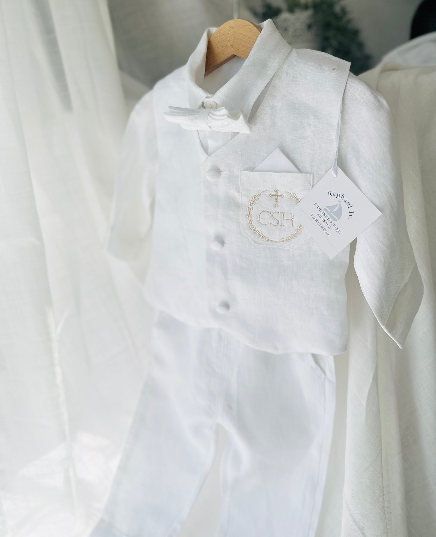 Boys white linen full length Baptism set with vest, shirt, pants, suspenders and bow tie