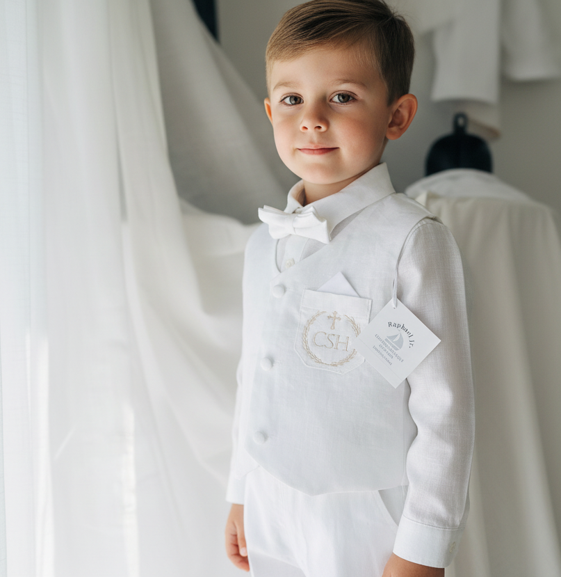 Boys white linen full length Baptism set with vest, shirt, pants, suspenders and bow tie