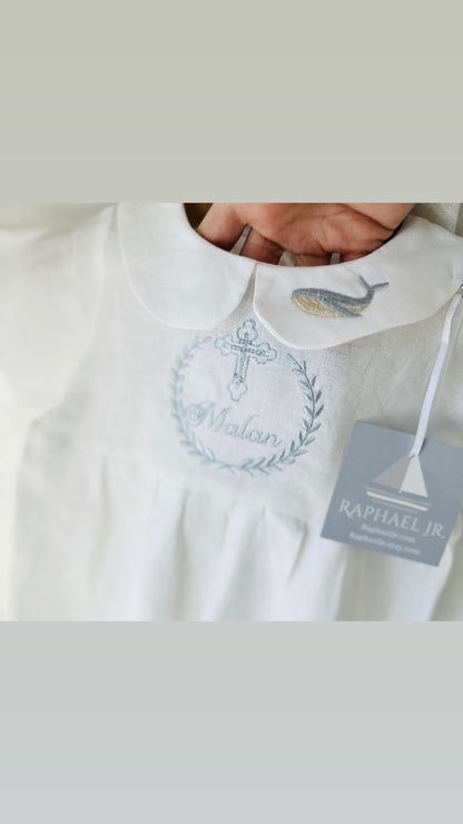 White Linen Unisex Baptism Gown 3/4 length romper with detachable skirt