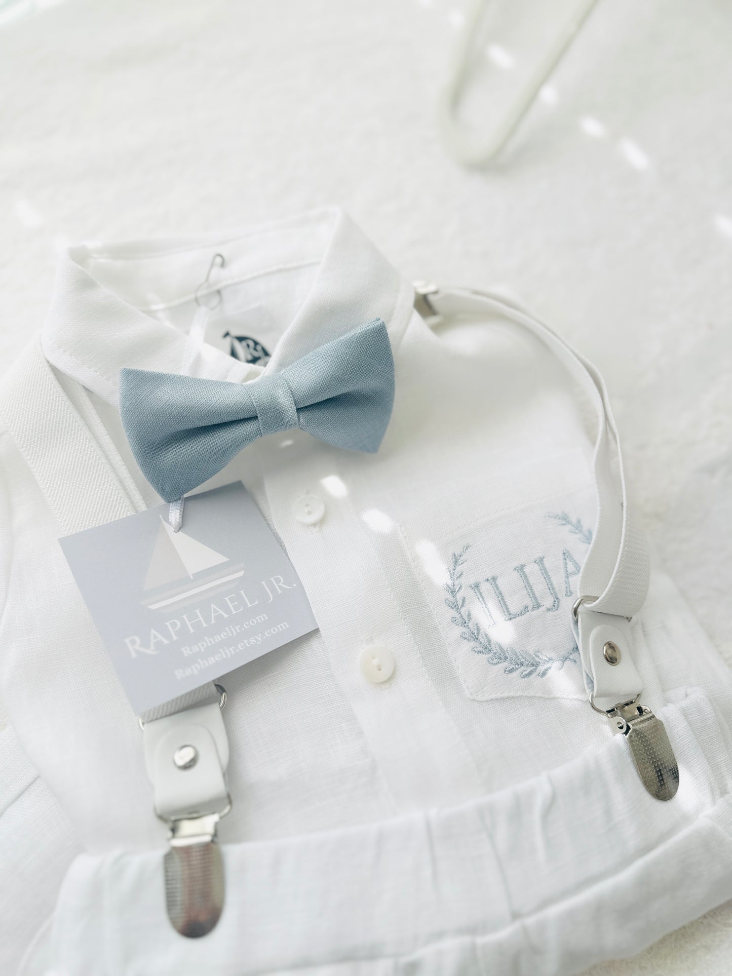 White linen summer Baptism outfit with suspender shorts, shirt, bowtie plus optional extras