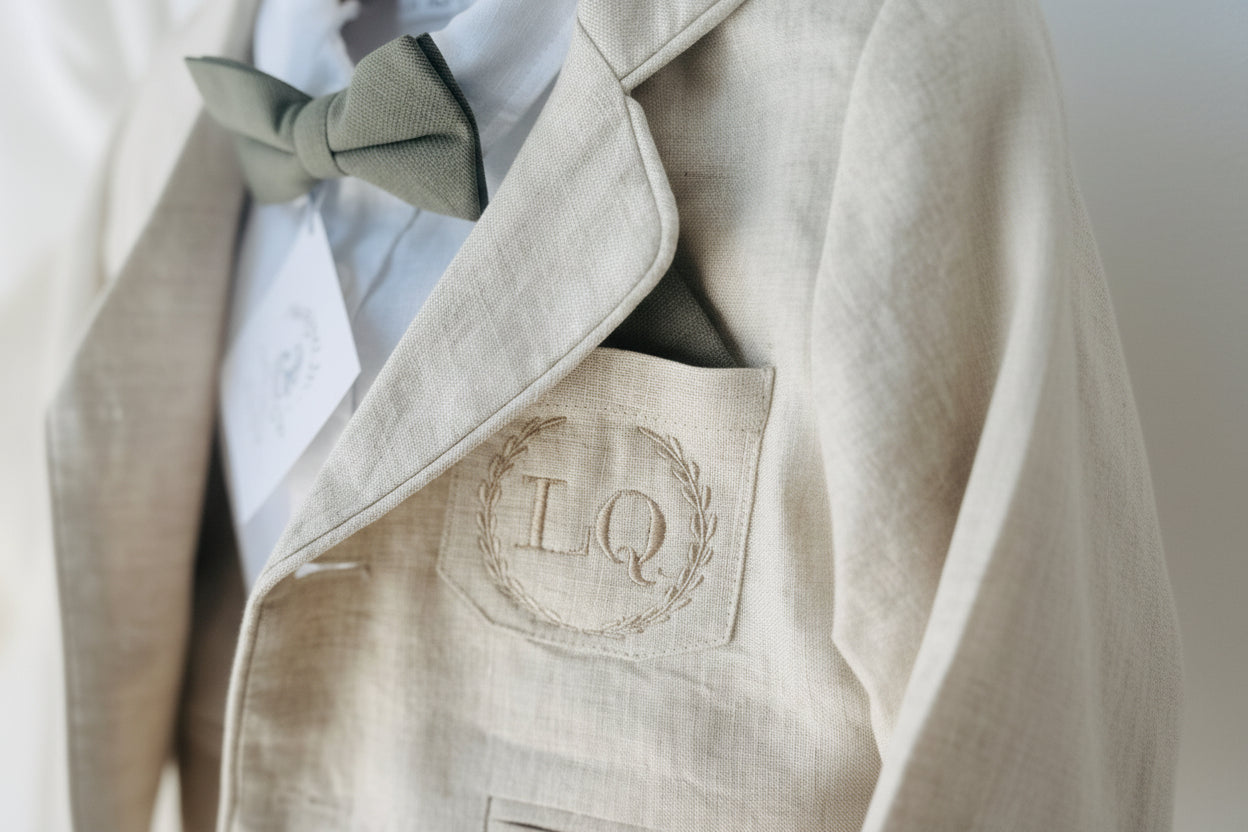 White and beige Summer linen outfit with suspender shorts, shirt, and bow tie plus optional jacket and embroidery