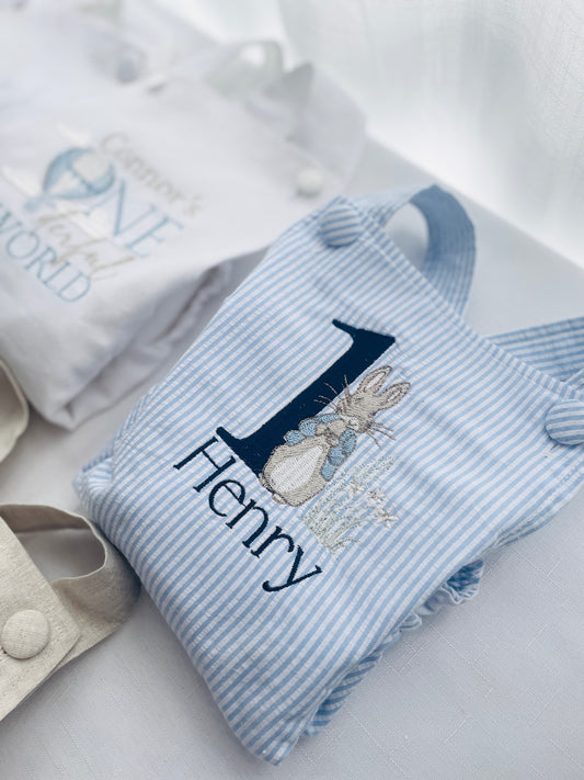 Boys Blue Seersucker Birthday romper overalls Peter Rabbit