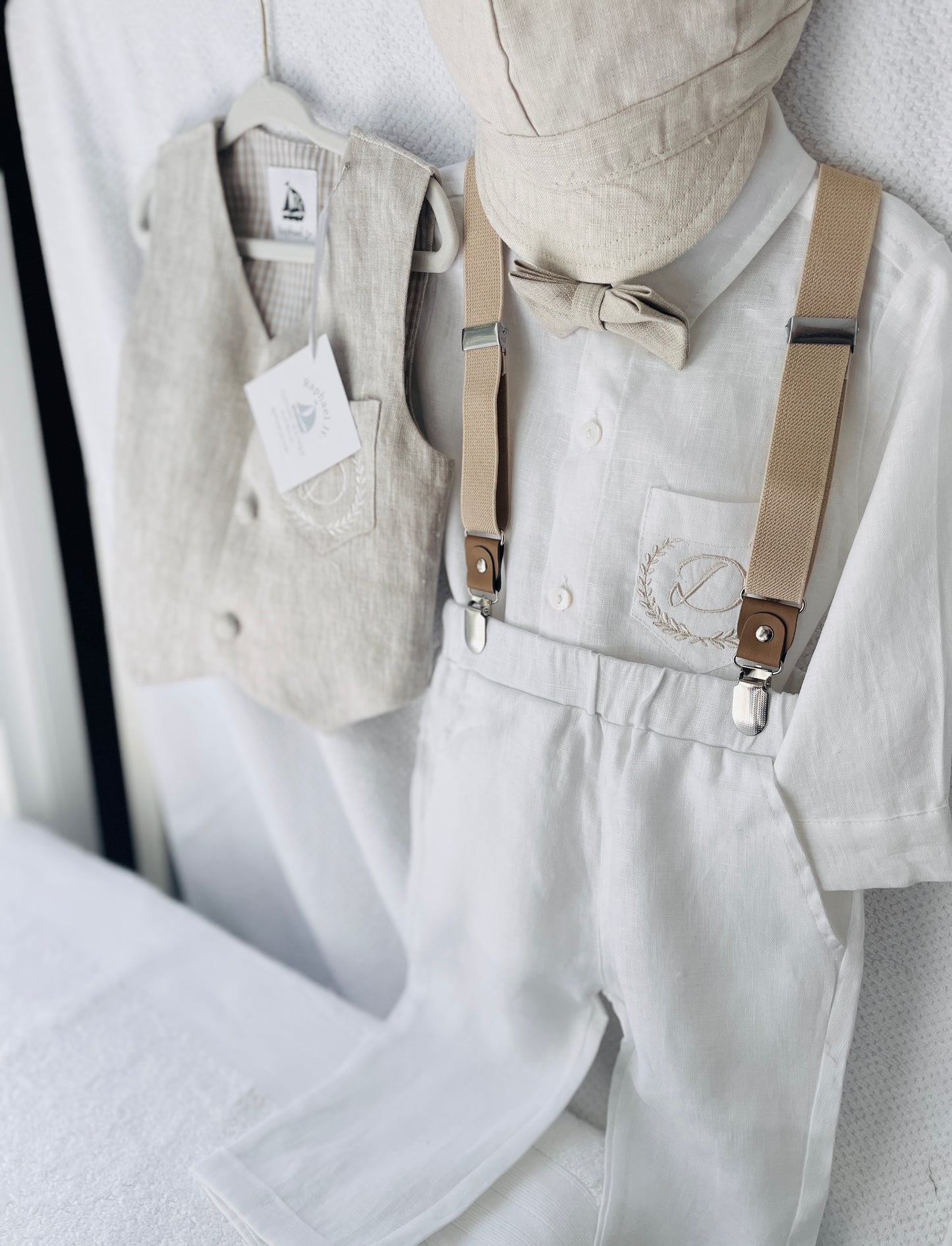 White and Beige Linen set with vest, shirt, pants, suspenders and bowtie plus optional jacket, cap and shoes