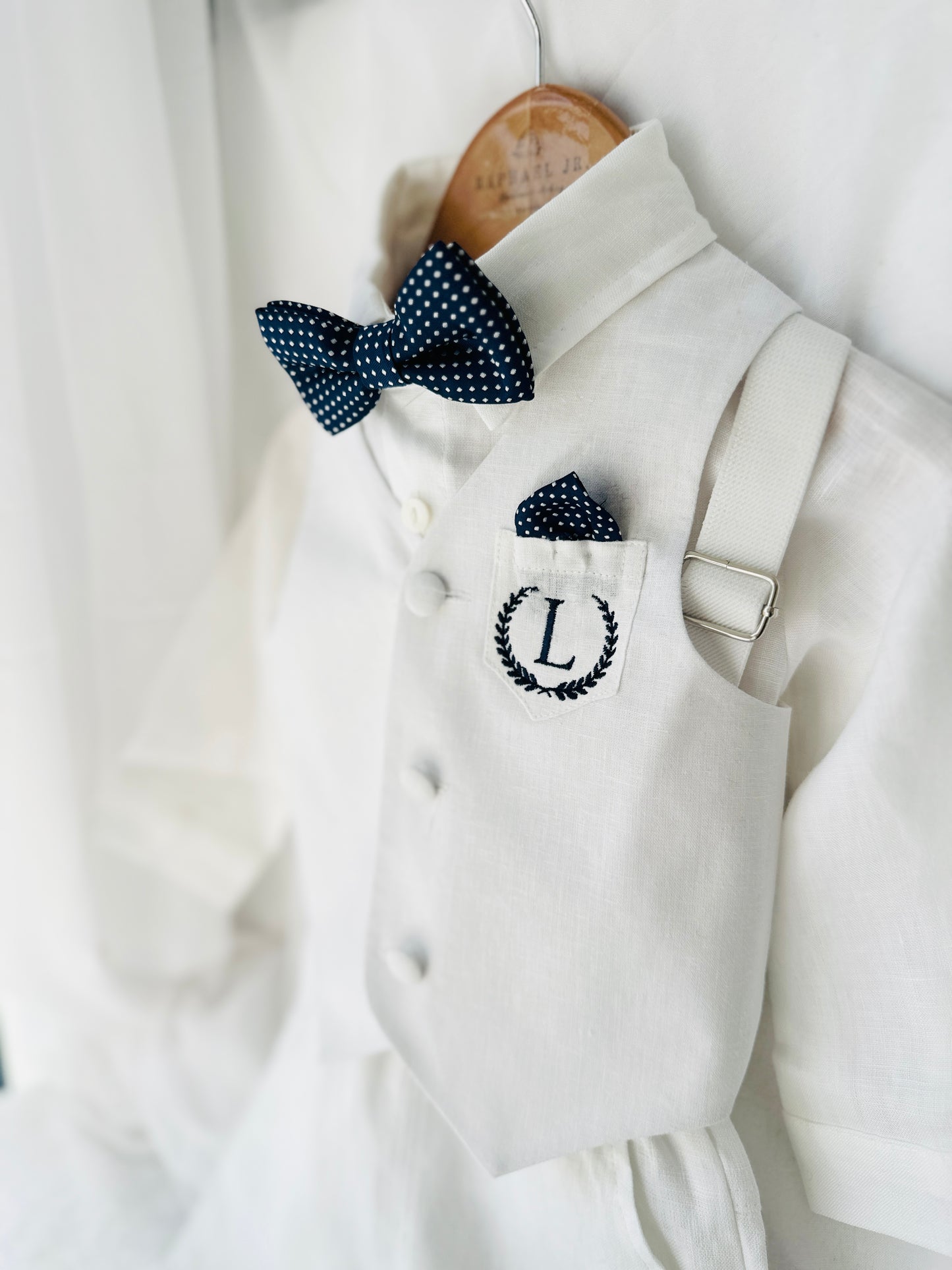 Boys white vest with white linen suit and navy jacket set