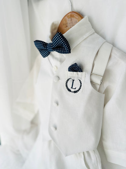 Boys white vest with white linen suit and navy jacket set