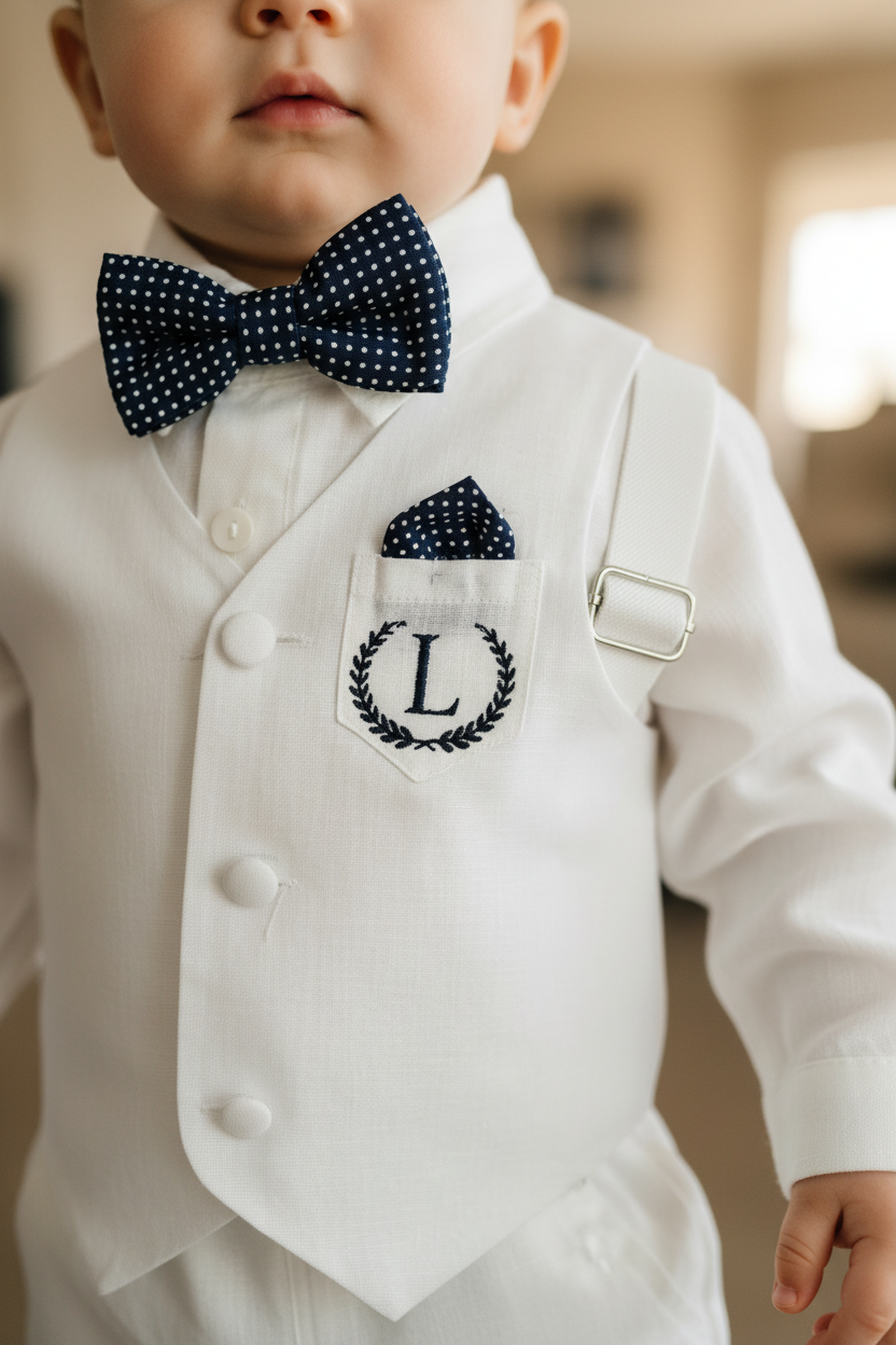 Boys white vest with white linen suit and navy jacket set