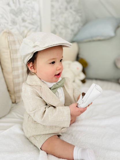 Beige Linen Baptism outfit with suspender shorts, shirt, and bow tie plus optional jacket and embroidery