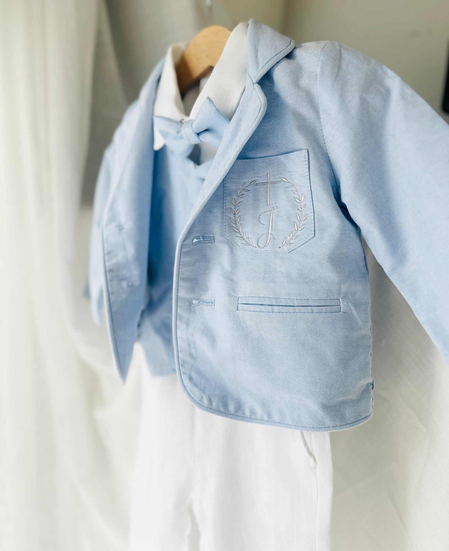 Boys pale blue and white Baptism outfit with blue vest, white linen suspender pants and shirt