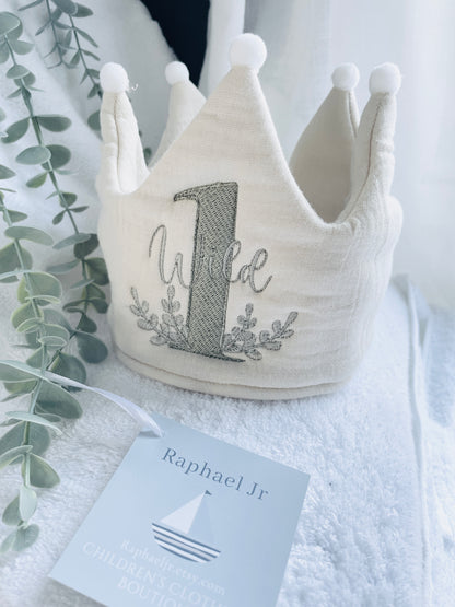 Beige or White First Birthday crown hat with embroidery