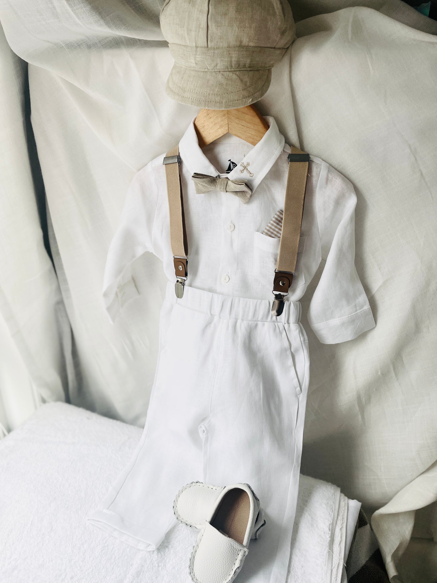 White and Beige Linen Set with optional Jacket Accessories and Embroidery Available