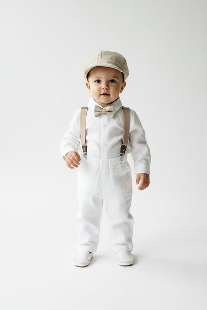 White and Beige Linen Set with optional Jacket Accessories and Embroidery