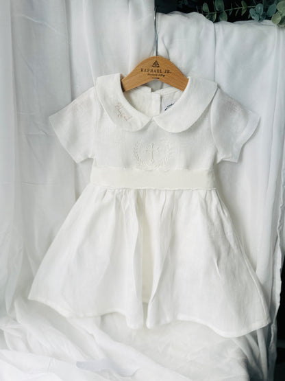 White Linen Baptism dress with detachable long skirt gown