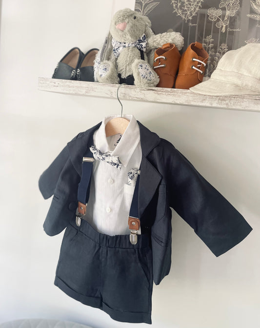 Navy blue linen summer set with shorts, shirt, suspenders and bow tie plus optional jacket, embroidery, shoes and cap