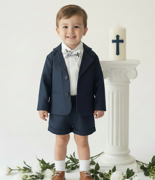 Boys Navy blue linen summer Baptism Outfit with optional jacket