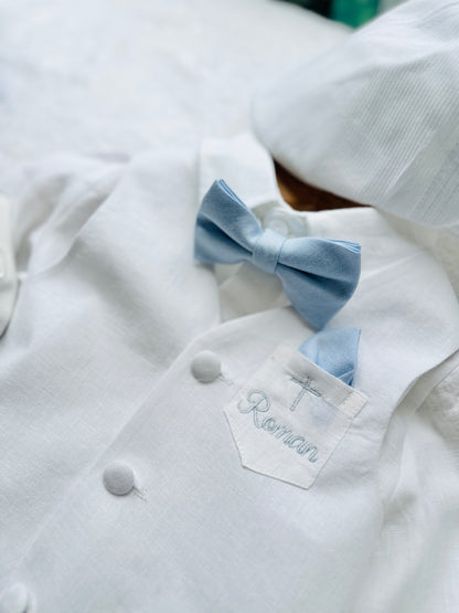 Boys pale blue and white set with vest, pants, linen shirt, bowtie and suspenders, plus optional jacket cap and shoes