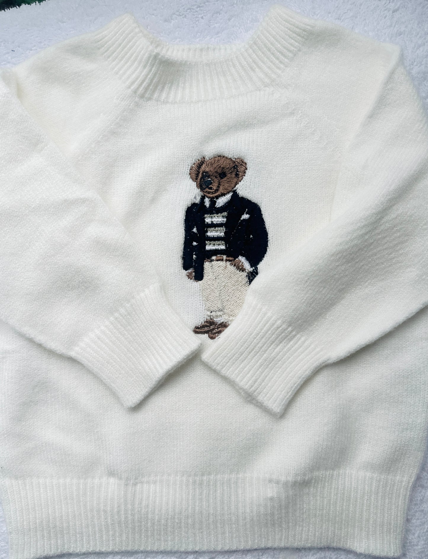 Polo Bear first birthday set with linen shirt, shorts and bear jumper